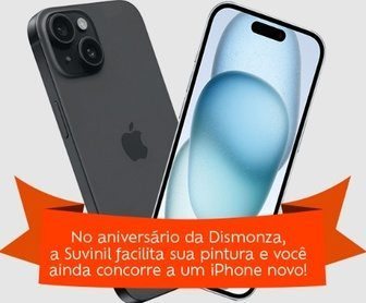 Imagem promocional da Dismonza Tintas em comemoração aos 35 anos. A arte destaca a chance de ganhar um iPhone 15, com um fundo colorido representando a marca e produtos Suvinil e Glasurit. O texto convida os clientes a participar comprando R$ 300,00 em produtos selecionados e cadastrando suas notas fiscais no site oficial da promoção. O período de participação e as regiões onde a promoção é válida também são destacados, criando um visual chamativo e informativo.