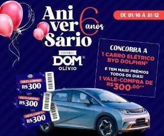 Imagem promocional do 6º aniversário do Empório Dom Olívio, destacando a promoção que oferece um carro elétrico BYD Dolphin e vales-compra de R$ 300,00.