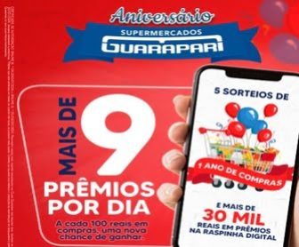 Preparado para transformar suas compras em oportunidades de ganhar grandes prêmios? Em comemoração ao seu 9º aniversário, os Supermercados Guarapari, presentes em Porto Alegre, Viamão e Alvorada - RS, estão lançando uma promoção especial que você não pode perder! Com cada R$100 em compras, você ganha uma raspadinha digital e um número da sorte, aumentando suas chances de ganhar prêmios que podem tornar seu ano muito mais fácil e emocionante.