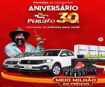 Banner promocional do Aniversário Peruzzo 30 Anos com imagens dos prêmios oferecidos, incluindo um carro 0km, eletrodomésticos e smartphones, destacando a necessidade de compras a partir de R$ 150 para participar.