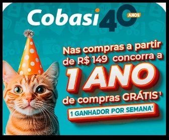 Imagem promocional da Cobasi, celebrando seus 40 anos, com destaque para os prêmios oferecidos, incluindo um ano de compras grátis. A imagem mostra produtos para pets e lar, reforçando a temática da promoção e convidando os clientes a participar.