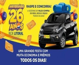 Imagem promocional do Aniversário de 26 anos da Rede Litoral de Supermercados com destaque para prêmios como vales-compra, 38 celulares Samsung e um carro zero quilômetro, mostrando a oportunidade de concorrer a mais de 250 mil reais em prêmios.