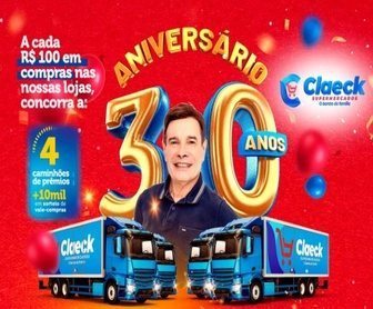 Uma imagem vibrante da promoção de 30 anos da Claeck Supermercados, exibindo prêmios como caminhões de eletrodomésticos e vale-compras. A imagem destaca a celebração com balões coloridos e banners festivos, atraindo a atenção dos clientes para a campanha.