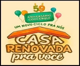 Banner da promoção Aniversário Coocerqui 59 anos – Casa Renovada pra Você, destacando o sorteio de R$59.000,00 em prêmios e vales-compra instantâneos, válido até 15 de novembro de 2025.