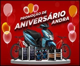 Imagem promocional colorida da campanha de aniversário da Andra Materiais Elétricos 2025, destacando prêmios como moto, bicicletas, adegas, caixas de som e fritadeiras elétricas.