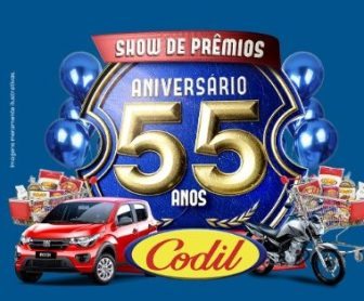 Imagem promocional da Promoção Codil Show de Prêmios 55 Anos, com destaque para o Fiat Mobi Trekking 1.0 e a Moto Honda CG 160 FAN, prêmios principais da campanha.