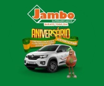 Imagem promocional da Rede de Supermercados Jambo, destacando a promoção de aniversário que oferece a chance de ganhar um Renault Kwid e duas motos Honda Pop. A imagem apresenta um design colorido com os prêmios em destaque e informações sobre como participar da promoção