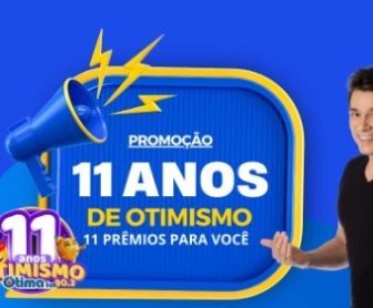 Imagem promocional da campanha “Ótima FM 11 Anos de Otimismo”, com o slogan “Novembro Otimista”. Mostra uma Air Fryer destacada como prêmio e informações de como participar, promovendo a chance de ganhar prêmios ao se cadastrar no site da rádio.