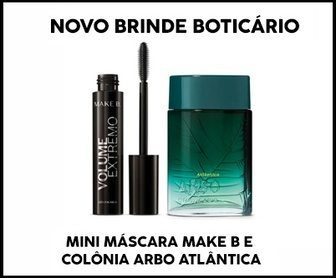 Imagem promocional da campanha do O Boticário oferecendo amostras grátis da mini máscara de cílios Make B e do perfume Arbo Atlântica com instruções para cadastro no app e resgate nas lojas físicas até 12/06/2025.