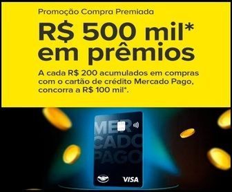 Cartão Mercado Pago Visa com barras de ouro representando prêmios de R$100.000 cada na promoção 2025