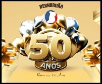 Imagem promocional colorida destacando a campanha “Aniversário 50 Anos Bernardão Supermercados”, com sorteio de 5 Fiat Mobi zero km; mostra elementos festivos como balões, carros em destaque e logotipos de marcas participantes.
