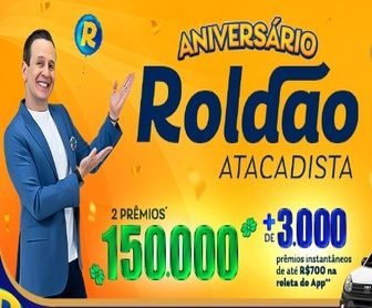 Imagem promocional do 24º aniversário do Roldão Atacadista, destacando a promoção “APP da Sorte Roldão Mais” com sorteios de prêmios, incluindo R$ 150 mil, carros e motos, além de vale-compras instantâneos. A imagem inclui o logotipo do Roldão, prêmios ilustrados e informações sobre o período da campanha, válida de 27 de setembro a 30 de novembro de 2024.