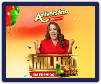 Imagem promocional da Promoção Aniversário Premiado Bompreço 2024, destacando prêmios como barras de ouro e vales-compra, com um fundo festivo e vibrante que celebra o aniversário da rede Bompreço.