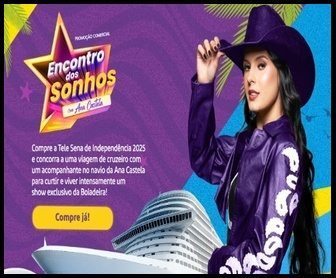 Promoção Tele Sena Encontro dos Sonhos 2025 com Ana Castela, mostrando um cruzeiro MSC Preziosa e a cantora sertaneja Ana Castela.