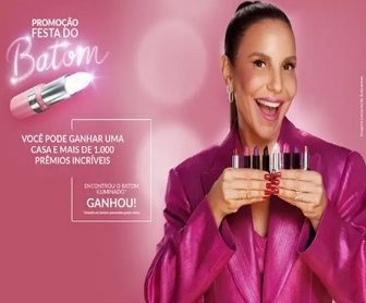 Imagem promocional da Festa do Batom Avon, destacando os prêmios disponíveis, como maletas de maquiagem e prêmios em dinheiro de até R$ 200 mil. A imagem incentiva a participação na promoção, com foco nos produtos Avon e nas vantagens de adquirir batons das linhas participantes.