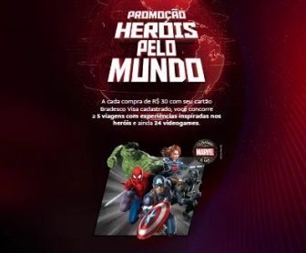 Imagem promocional da promoção “Heróis Pelo Mundo”, mostrando prêmios como pacotes de viagem inspirados em heróis da Marvel e consoles PlayStation 5.