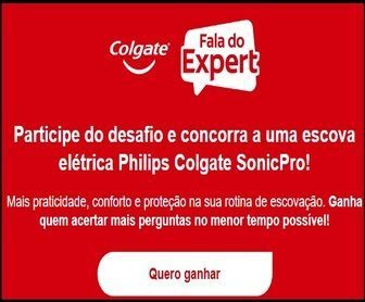 Imagem da promoção Colgate Fala do Expert com escova elétrica Philips Colgate, convidando participantes a responderem um quiz sobre saúde bucal.
