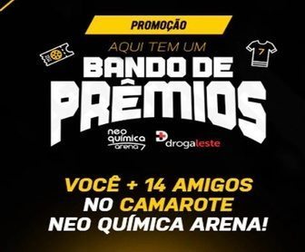 Banner oficial da promoção “Aqui Tem um Bando de Prêmios” da Neo Química, em parceria com a Droga Leste e o Corinthians, destacando camarote na Neo Química Arena e kits exclusivos como premiação.