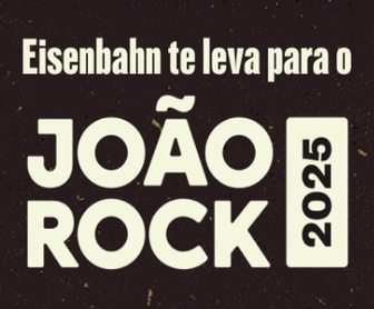 Arte promocional colorida do Concurso Eisen Rock Station da Eisenbahn, destacando a oportunidade de ganhar pacotes completos para o João Rock 2025, com imagens de cerveja, palco de show e camarote VIP.