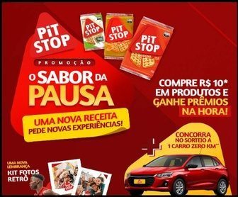 Imagem promocional da campanha “O Sabor da Pausa – Pit Stop Marilan”, destacando prêmios como R$100 mil em barras de ouro, experiências instantâneas e a imagem de um carro Chevrolet Onix, ao lado de embalagens dos produtos Pit Stop.