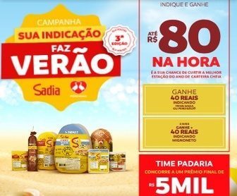 Banner promocional da campanha 'Sua Indicação Faz Verão', promovida pela BRF. A imagem destaca produtos Sadia, prêmios oferecidos e as datas da promoção, com layout colorido e chamativo.