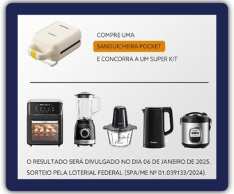 Imagem promocional da campanha de Natal Gaabor 2024, destacando um kit completo com cinco produtos da marca, incluindo Air Fryer, Panela de Arroz, Chaleira, Multiprocessador e Liquidificador. Fundo natalino com enfeites e luzes, transmitindo clima de celebração.