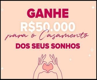 Banner promocional da campanha Casamento dos Sonhos 2025, com destaque para o prêmio de R$50.000, elementos românticos como alianças, flores e casal feliz, além do logotipo do site casamentos.com.br.