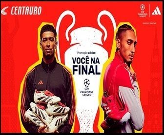 Imagem de uma promoção da Centauro em parceria com a Adidas, com foco na oportunidade de ganhar uma viagem para assistir à final da UEFA Champions League em Munique. A imagem destaca produtos da categoria Futebol da marca Adidas, com ênfase na campanha que oferece prêmios instantâneos e uma viagem exclusiva.