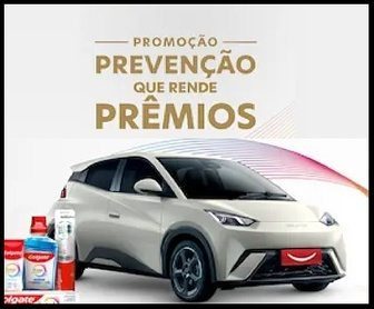 Imagem destacando a promoção Colgate Total 2025, com produtos da linha Colgate Total e escovas SlimSoft Charcoal. A imagem apresenta os prêmios em destaque, incluindo carros elétricos e R$ 500 mil em dinheiro, para quem participar da promoção.