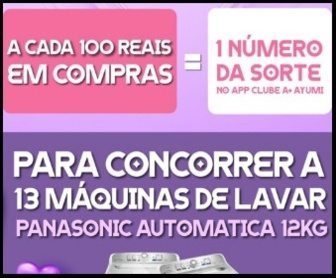 Imagem promocional colorida da campanha “Mês das Mães Ayumi” mostrando a chance de ganhar lavadoras Panasonic 12kg ao participar das compras nas lojas Ayumi Supermercados durante maio de 2025.
