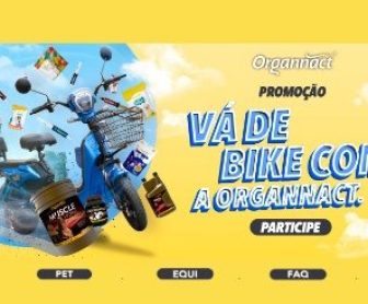 Imagem promocional da campanha “Vá de Bike com Organnact”, destacando a chance de ganhar uma bicicleta elétrica ao comprar produtos Organnact® nas lojas Rancho Alegre PE. A imagem exibe informações sobre a promoção, incluindo o valor mínimo de compra e orientações sobre o preenchimento do cupom para participar do sorteio.