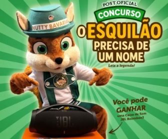 Mascote esquilo da Nutty Bavarian ao lado de caixa de som JBL Boombox3 promovendo concurso cultural de nomeação.