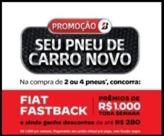 Banner da promoção Seu Pneu de Carro Novo 2025 com destaque para prêmios: Fiat Fastback e R$1.000 por semana