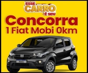 Imagem promocional da campanha “Esse Carro é Seu” realizada pelos supermercados Arco-Mix, Arco-Vita e Natto, mostrando o Fiat Mobi preto que será sorteado, acompanhada de elementos gráficos chamativos para incentivar a participação na promoção.
