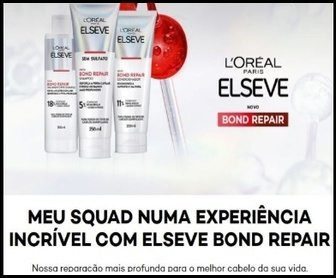 Mulher sorridente com cabelo brilhante segurando o produto Elseve Bond Repair, com fundo tropical do Rio de Janeiro e frase promocional destacada.