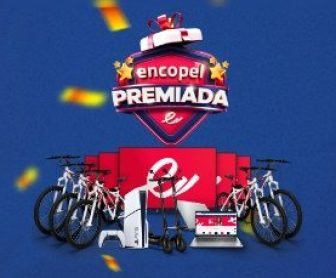 Imagem promocional da Promoção Encopel Premiada 2024, com destaque para os prêmios como TVs, notebooks, bicicletas, patinetes elétricos e Playstation 5, incentivando a participação por meio de compras nas lojas Encopel.