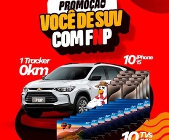 Imagem promocional da campanha “Você de SUV com FNP”, com destaque para o prêmio principal, um SUV Chevrolet Tracker 0 km, junto a ícones de iPhones e Smart TVs, indicando os prêmios adicionais da promoção.