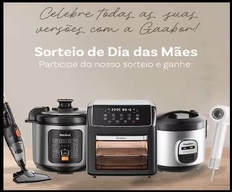 Imagem promocional vibrante para o sorteio do Dia das Mães Gaabor 2025, destacando cinco eletrodomésticos brancos (aspirador de pó, panela elétrica, air fryer, panela de arroz e secador de cabelo) sobre fundo coral, com texto em branco chamando para participação até 08/05/25.