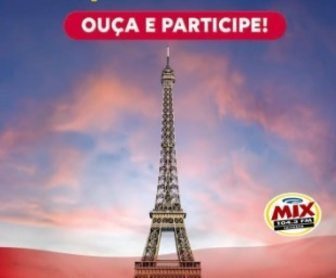Arte promocional da campanha “Mix em Paris” da Rádio Mix FM Salvador, destacando a chance de ganhar uma viagem gratuita para Paris, com informações visuais sobre como participar, datas e contato via WhatsApp.