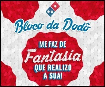 Imagem vibrante de foliões no Carnaval 2025 exibindo fantasias criativas inspiradas na identidade visual da Domino’s Pizza, com elementos que remetem à campanha 