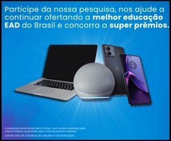 Ex-aluno da UNINTER segurando notebook com ícones de smartphone e Alexa ao fundo, promovendo a pesquisa de graduação 2025 com sorteio de prêmios.