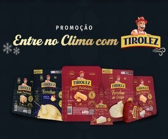 Banner promocional da campanha “Entre no Clima com Tirolez” com destaque para sorteios de R$ 6 mil, brindes instantâneos de R$ 500 em vales Coco Bambu e imagens de queijos da marca Tirolez.