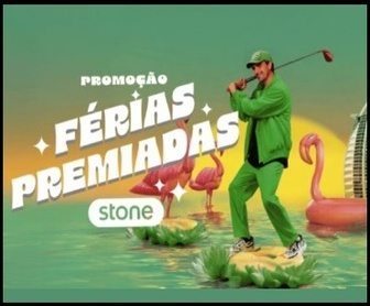 Empreendedor segurando mala de viagem com cenário tropical ao fundo, ao lado de textos promocionais sobre a campanha Férias Premiadas Stone 2025 com prêmios de R$30 mil e férias com tudo pago.