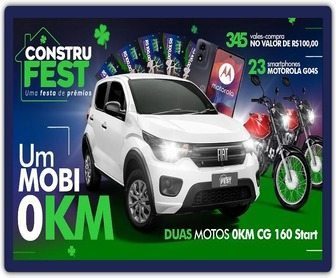 Imagem promocional da ConstruFest da Rede ConstruSETE, destacando prêmios como um Fiat Mobi 0km, motos Honda CG 160 Start, smartphones Motorola e vales-compra de R$ 100,00. O visual inclui o logo da ConstruSETE, datas da promoção e detalhes sobre como participar.