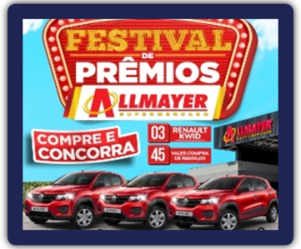 Imagem promocional do "Festival de Prêmios Allmayer", destacando um automóvel Renault Kwid 0km como prêmio principal, junto com a informação de 45 vales-compras no valor de R$500,00. A arte inclui o logo do Supermercado Allmayer, as datas de participação, e ilustrações vibrantes para atrair atenção.