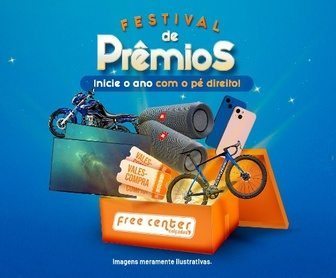 Imagem promocional da Festival de Prêmios Free Center, destacando os prêmios, como uma moto Yamaha Fazer, um iPhone 15 e uma Smart TV Samsung, além de informações sobre como participar da promoção.