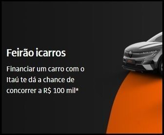 Imagem promocional do Feirão iCarros 2025 com Itaú, destacando prêmio de R$ 100 mil em cartão pré-pago para quem financiar um veículo.