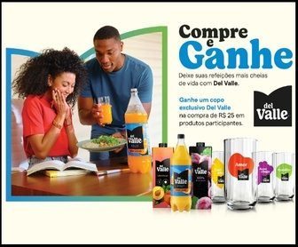 Imagem promocional da campanha Del Valle “Cheia de Vida” 2025, mostrando copos colecionáveis coloridos ao lado de embalagens de sucos Del Valle, destacando a troca promocional por compras acima de R$ 25.