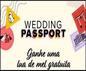 Imagem da Promoção Passaporte de Casamento 2025, mostrando noivos felizes com passaporte virtual e indicação de voucher de R$ 20.000 para Lua de Mel.