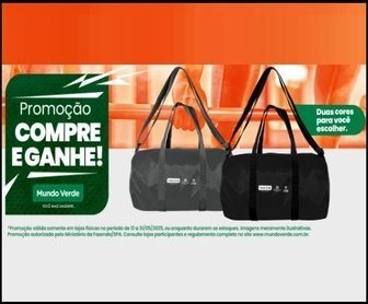 Imagem promocional da campanha “Super Treino Mundo Verde”, destacando a oferta de uma bolsa esportiva gratuita para quem realizar compras a partir de R$259 em lojas físicas. A imagem mostra as bolsas nas cores preta e cinza, com o logo Mundo Verde, ao lado de produtos saudáveis.
